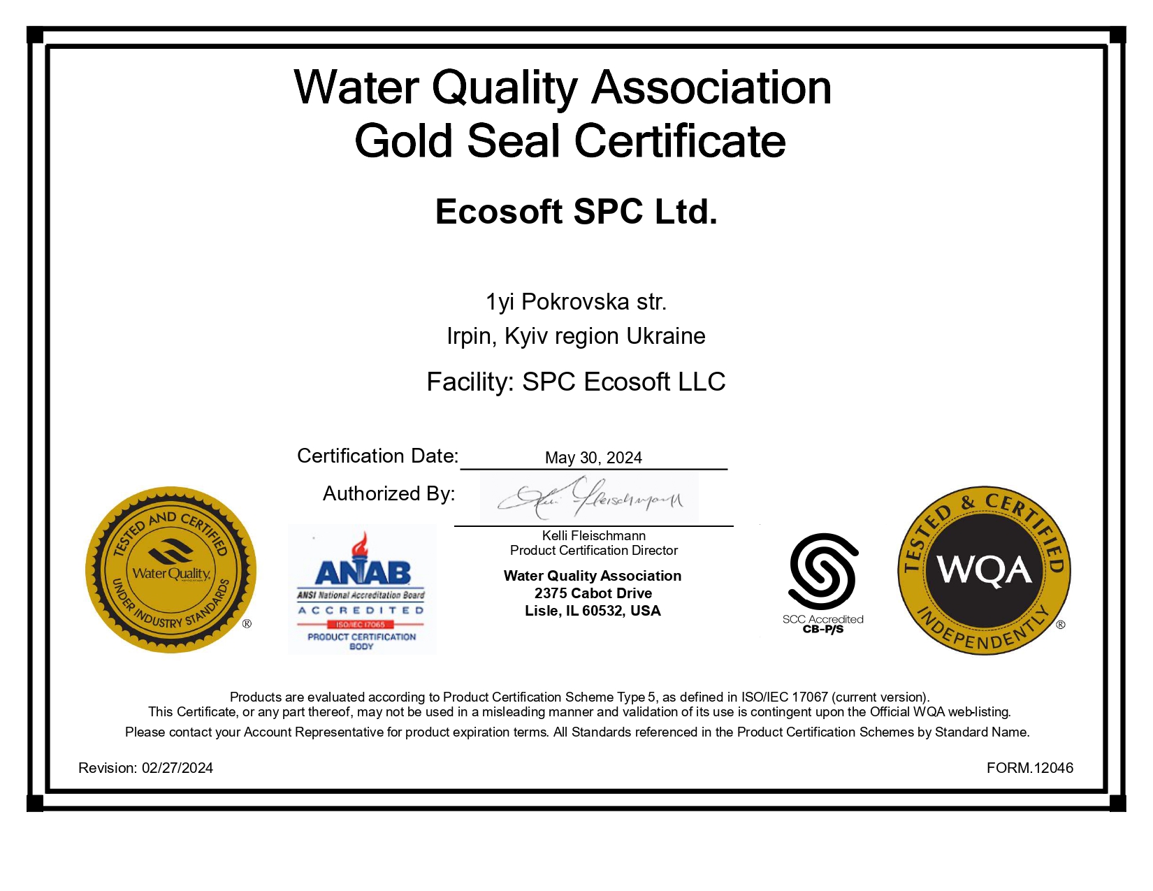 GOLD SEAL CERTIFICATE OF THE WATER QUALITY ASSOCIATION (WQA), USA
