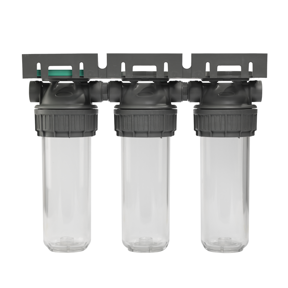 Plastic housing filter 3P ECO TRIPLEX 9" ¾ transparent PET bowl ½ – ½"