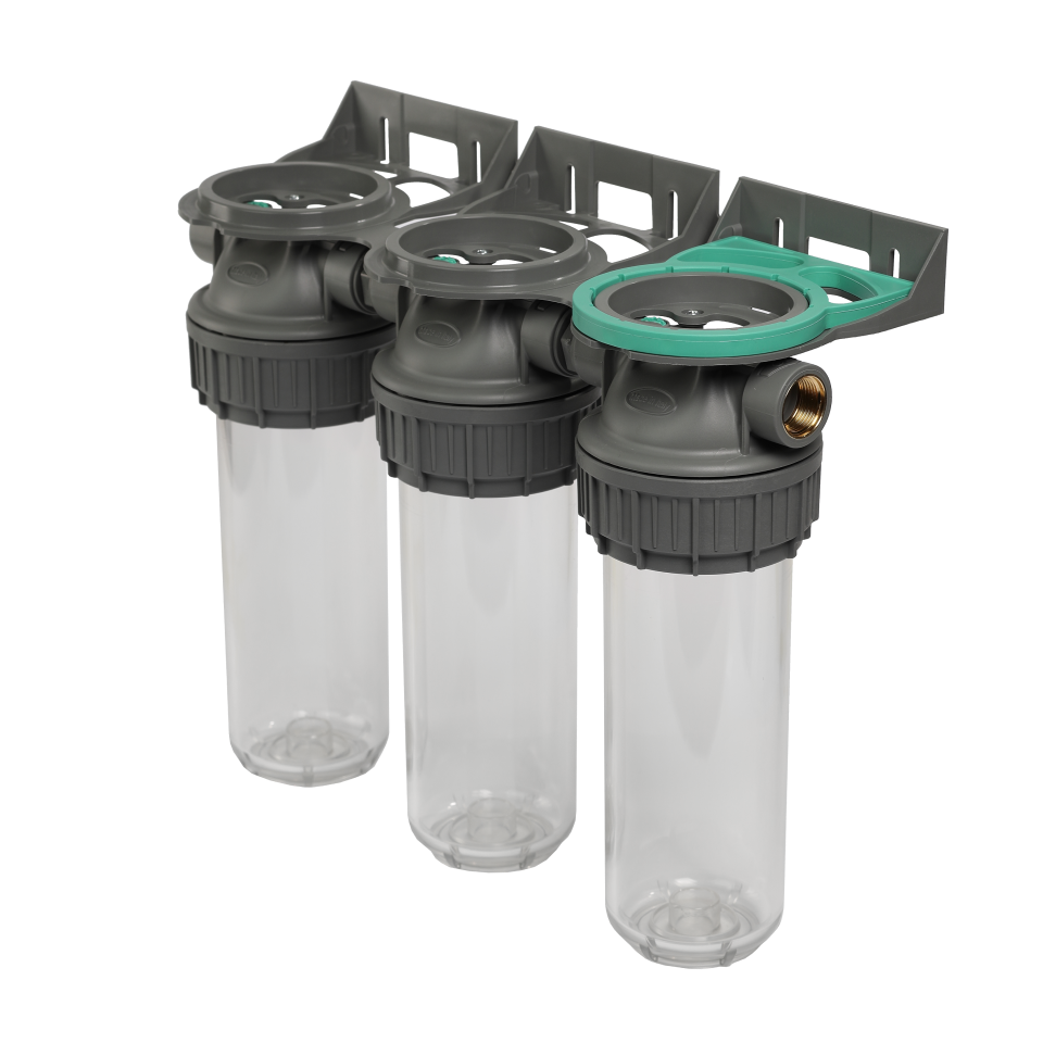 Plastic housing filter 3P ECO TRIPLEX 9" ¾ transparent PET bowl ½ – ½"