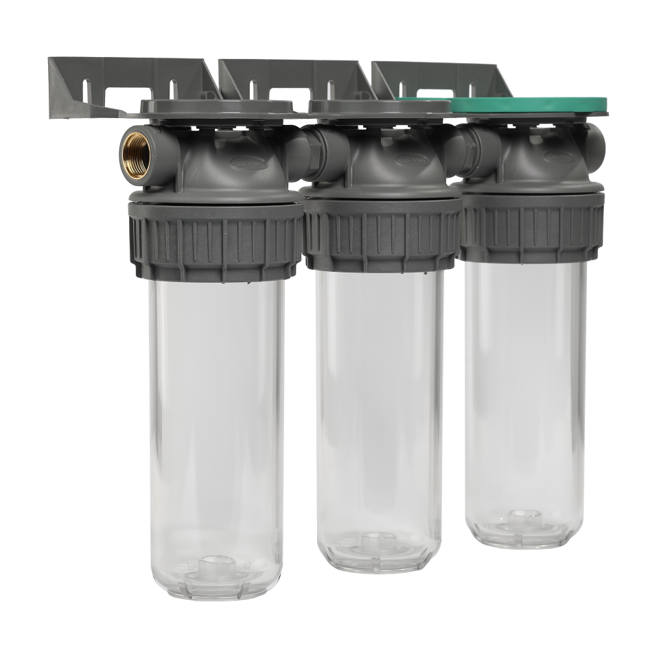 Plastic housing filter 3P ECO TRIPLEX 9" ¾ transparent PET bowl ½ – ½"