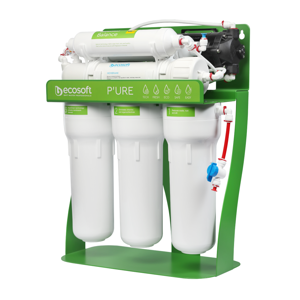 PURE Balance reverse osmosis filter on metal rack with pump