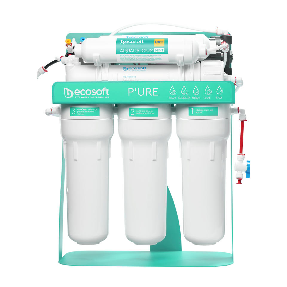 PURE AquaCalcium Mint reverse osmosis filter with pump on metal rack