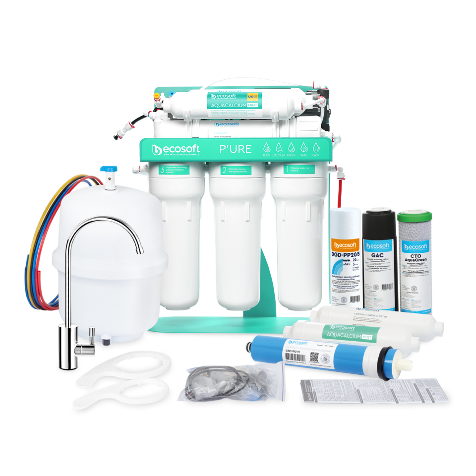 PURE AquaCalcium Mint reverse osmosis filter with pump on metal rack